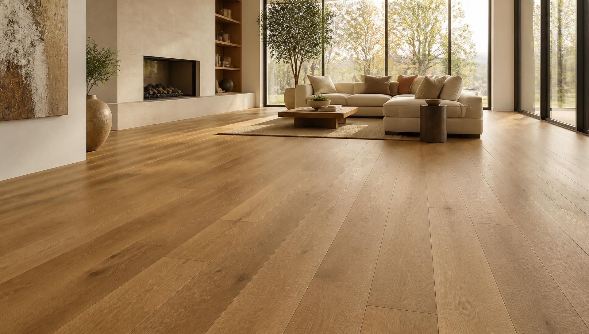 Sunlit modern living room with wide-plank Hylux flooring
